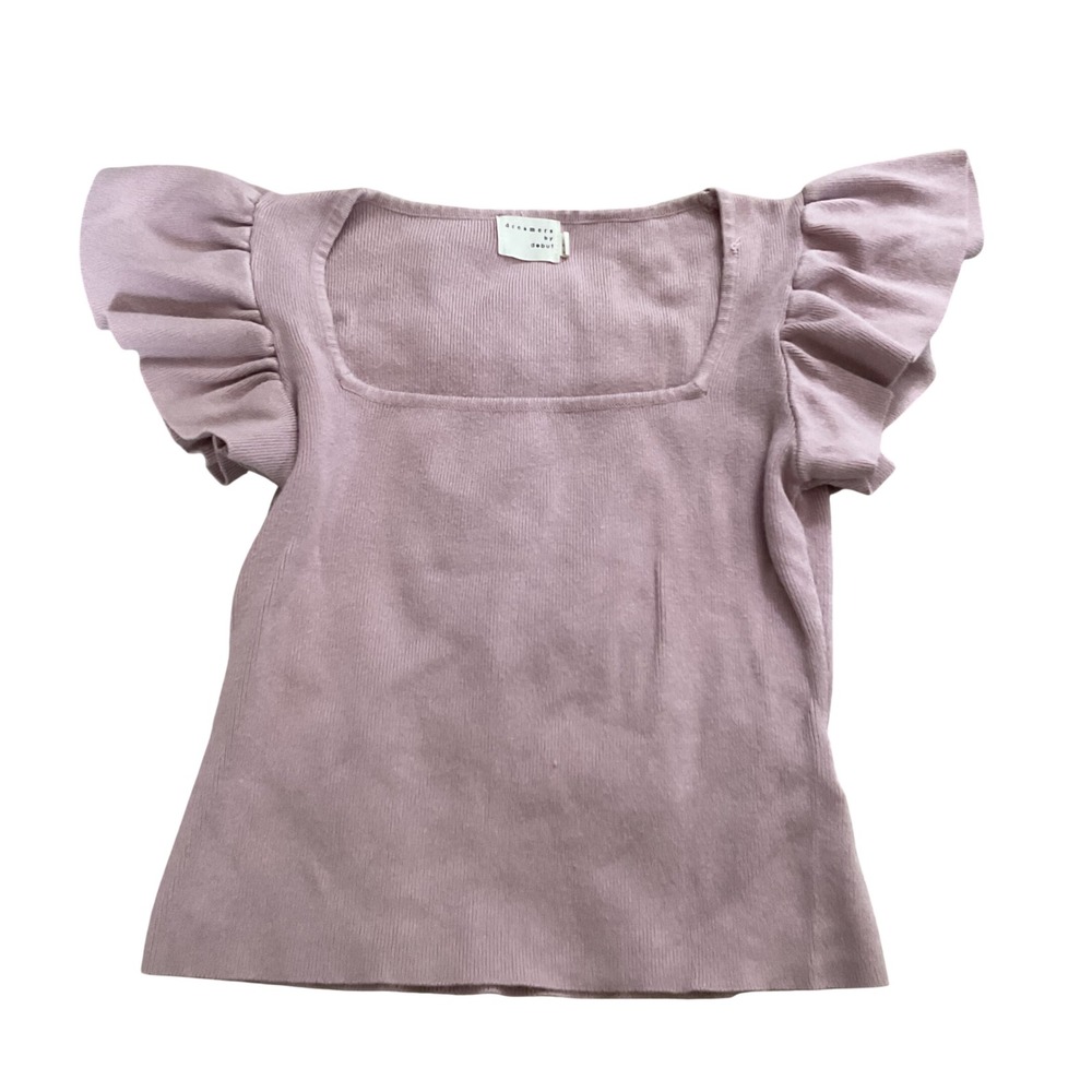Dreamers by Debut Mauve Pink Ribbed Knit Square Neck Ruffle Flutter Sleeve Top S